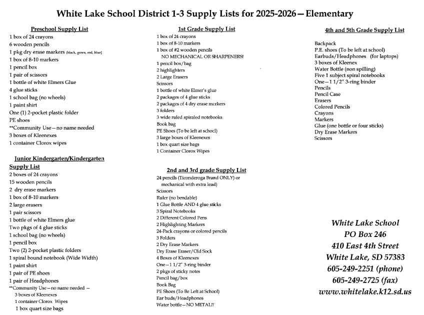 Elementary Back To School Supply List